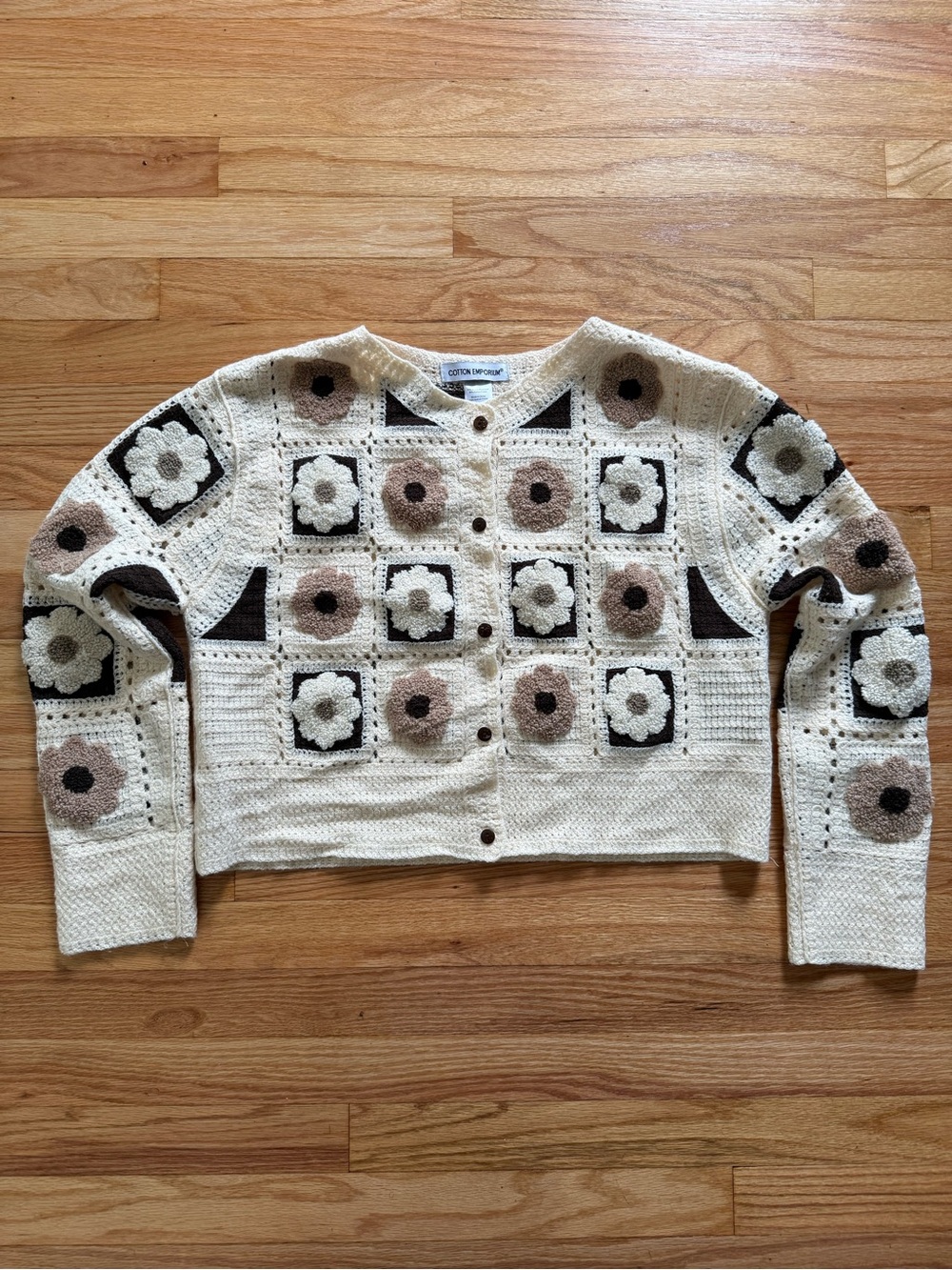 Cotton Emporium Crochet Floral Cardigan - Cream, Brown & Black
